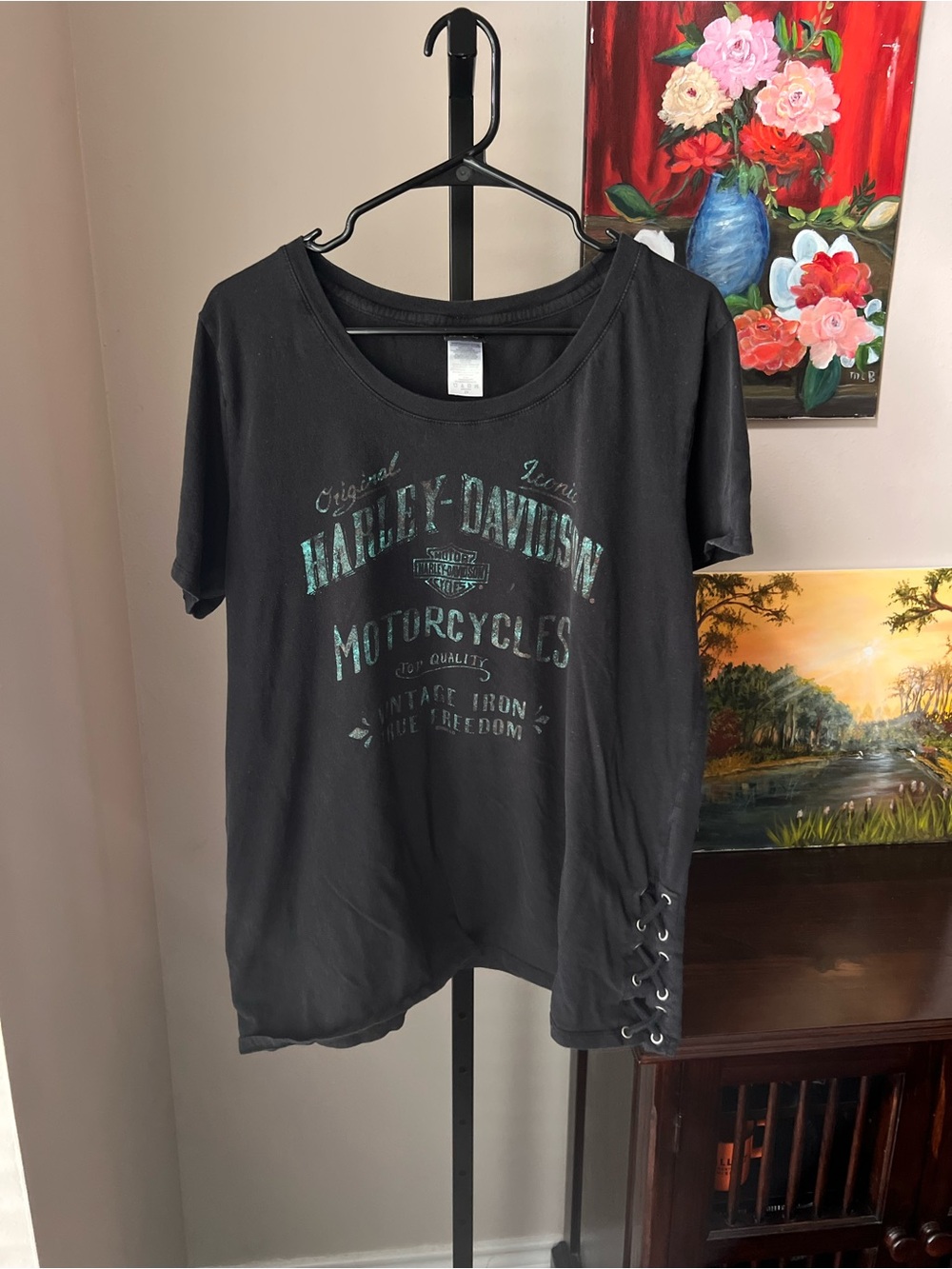 Harley-Davidson Black Tee with Teal Graphic and Side Lace-Up
